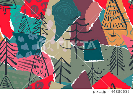 Vector Christmas seamless pattern with colorful abstract collage texture and holiday elements Vector Christmas seamless pattern with colorful abstract collage texture and holiday elements 44880655
