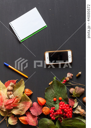 autumn yellow leaves smartphone notebook on black background autumn yellow leaves smartphone notebook on black background 44880872
