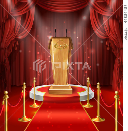 wooden tribune, microphones, podium, red curtains 44884487