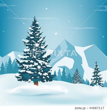 Winter landscape with snowy pine trees and mountains. Holiday backrground. Vector 44887217