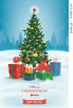 Christmas tree with decorations and gift boxes. Holiday background. Merry Christmas and Happy New 44887224