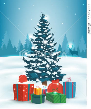 Christmas tree with decorations and gift boxes. Holiday background. Merry Christmas and Happy New 44887226
