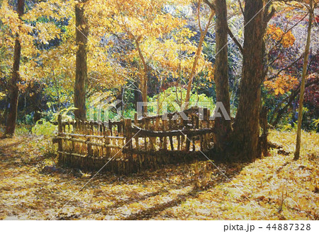 新宿御苑の秋の風景画のイラスト素材