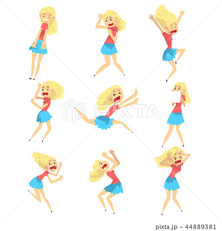 Scared and panicked blonde girl set, emotional young woman afraid of something vector Illustration 44889381