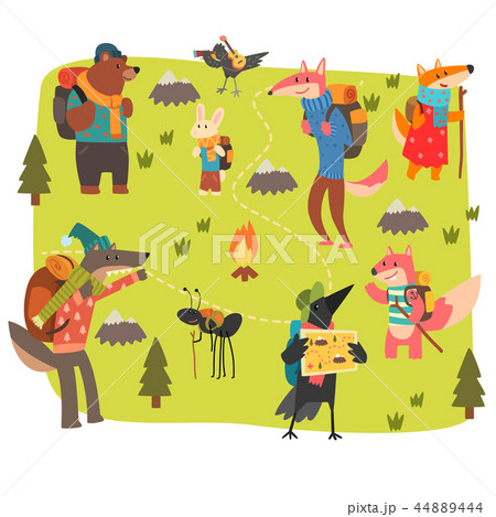 Animals travelling and camping set, cute animals and birds characters having hiking adventure travel Animals travelling and camping set, cute animals and birds characters having hiking adventure travel 44889444