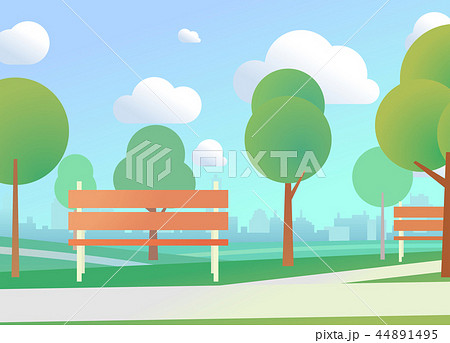 Urban park with benches and city skyline 44891495