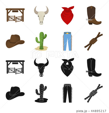 Hat, cactus, jeans, knot on the lasso. Rodeo set collection icons in black,cartoon style vector 44895217