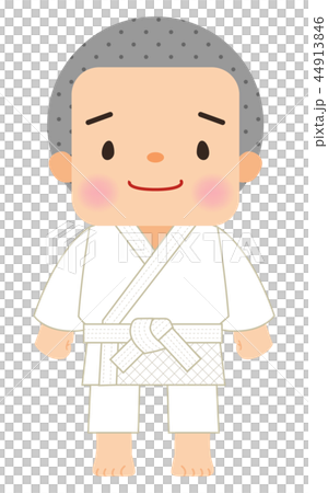 一個男孩穿著柔道衣服割草 一個男孩穿著柔道衣服割草 44913846
