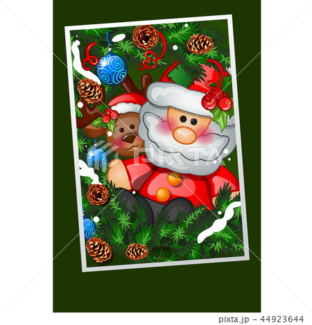 Happy toy Santa Claus with fir branches decorated with festive balls. Sample of the poster, party Happy toy Santa Claus with fir branches decorated with festive balls. Sample of the poster, party 44923644