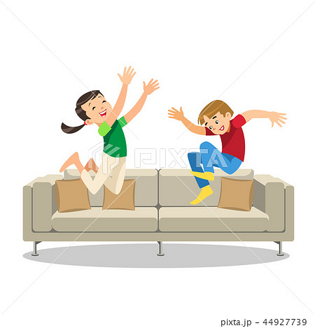 Happy Boy and Girl Jumping on Sofa Cartoon Vector 44927739
