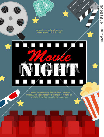Abstract Movie Night Cinema Flat Background with Reel, Old Style Ticket, Big Pop Corn and Clapper 44928409
