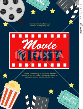 Abstract Movie Night Cinema Flat Background with Reel, Old Style Ticket, Big Pop Corn and Clapper 44928423