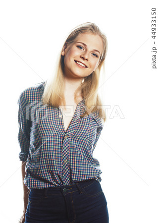 young pretty stylish blond hipster girl posing emotional isolate 44933150