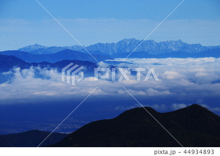 南アルプス塩見岳山頂への道　本谷山稜線からの北アルプス槍穂高連峰遠景　 44934893