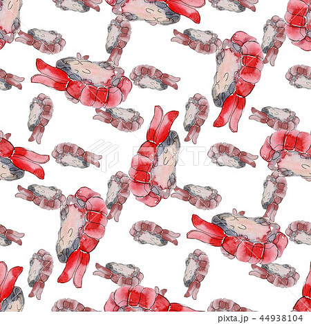 Watercolor sushi set of beautiful tasty japanese sushi illustration. Seamless background pattern. 44938104