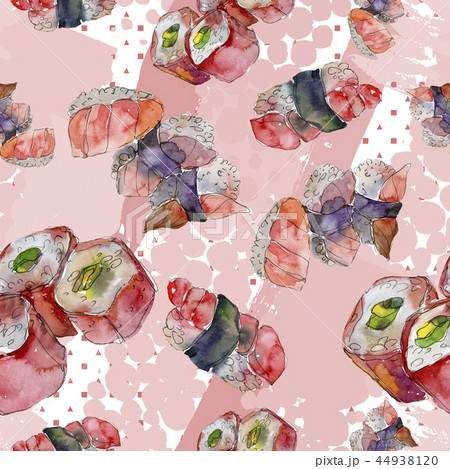 Watercolor sushi set of beautiful tasty japanese sushi illustration. Seamless background pattern. Watercolor sushi set of beautiful tasty japanese sushi illustration. Seamless background pattern. 44938120