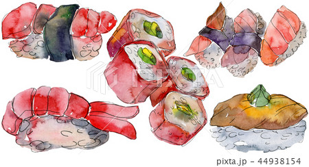 Watercolor sushi set of beautiful tasty japanese sushi illustration. Hand drawn objects isolated on 44938154
