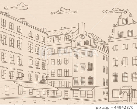 Stortorget square in old city of Stockholm. Hand drawn sketch. Outline drawing on beige background 44942870