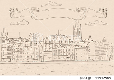 Old city of Stockholm, lake view. Hand drawn sketch. Outline drawing on beige background 44942909