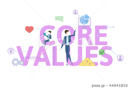 Core Values. Concept table with people, letters and icons. Colored flat vector illustration on white 44943850
