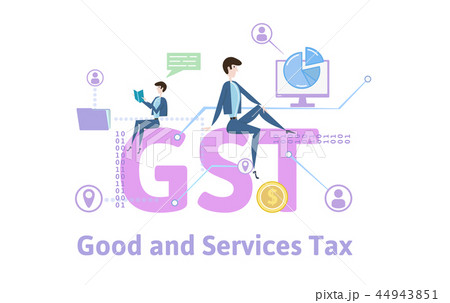 GST, Goods and Services Tax. Concept table with keywords, letters and icons. Colored flat vector 44943851