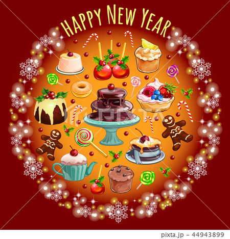 Sketch with abundance of sweets and pastries with Christmas decorations. Sample of the poster round 44943899