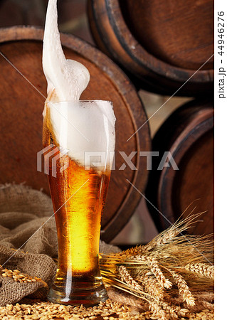 Glass of beer splashing . barley and barrels  44946276