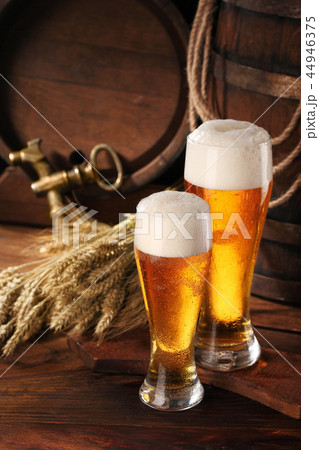 Two mugof beer .With wheat and barley and barrel 44946375