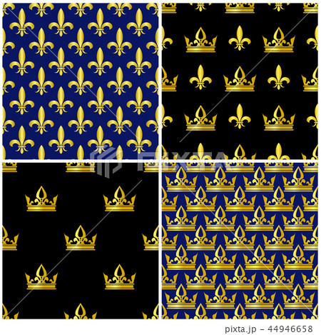 Golden crowns and fleur de lis seamless patterns set 44946658
