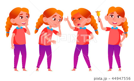 Girl Schoolgirl Kid Poses Set Vector. Redhead. High School Child. Secondary Education. Casual 44947556