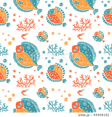 Seamless pattern in lino style, flounder and coral 44948192