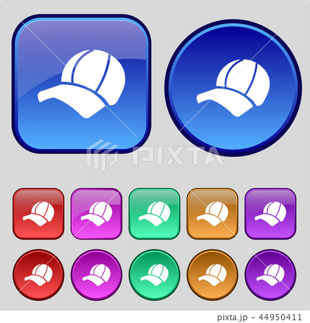 Ball cap icon sign. A set of twelve vintage button Ball cap icon sign. A set of twelve vintage button 44950411