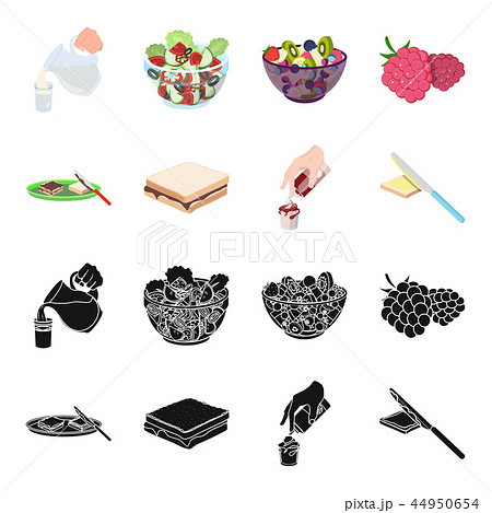 Dessert with cream, a sandwich and other food. Food set collection icons in black,cartoon style Dessert with cream, a sandwich and other food. Food set collection icons in black,cartoon style 44950654