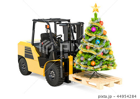 Forklift truck with Christmas tree. Gift delivery Forklift truck with Christmas tree. Gift delivery 44954284
