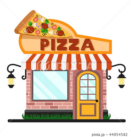 Cafe pizzeria with a slice of pizza on the roof. Cafe pizzeria with a slice of pizza on the roof. 44954582