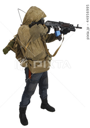 Stalker in gas mask with weapon isolated on white Stalker in gas mask with weapon isolated on white 44956995