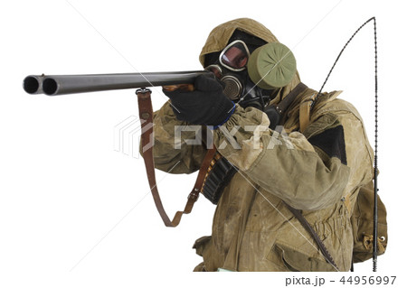 Stalker in gas mask with weapon isolated on white 44956997