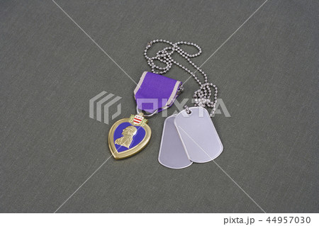 Purple Heart award on green uniform with dog tags Purple Heart award on green uniform with dog tags 44957030