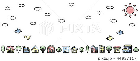 デフォルメした家と木の並び 空と雲と鳥 手書き風線画落書き風着色ありロングバージョンのイラスト素材