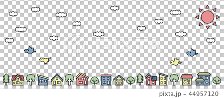 變形的房子和樹線(天空,雲彩和鳥)線描彩色和長版 變形的房子和樹線(天空,雲彩和鳥)線描彩色和長版 44957120
