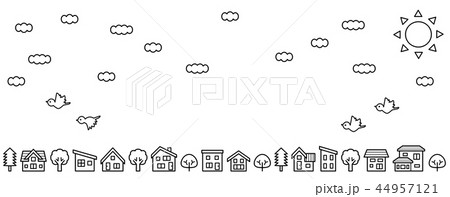 デフォルメした家と木の並び(空と雲と鳥)線画のみロングバージョン デフォルメした家と木の並び(空と雲と鳥)線画のみロングバージョン 44957121