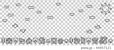 デフォルメした家と木の並び(空と雲と鳥)線画のみロングバージョン デフォルメした家と木の並び(空と雲と鳥)線画のみロングバージョン 44957121