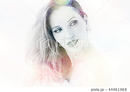 girl with summer make-up on blurred white background with pink bokeh / beautiful bright make-up, professional style glamor model 44961968