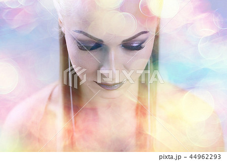 girl with summer make-up on blurred white background with pink bokeh / beautiful bright make-up, professional style glamor model 44962293