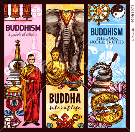Buddhism religion sacred symbols sketch banners Buddhism religion sacred symbols sketch banners 44965975