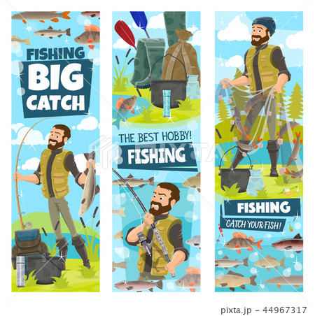 Fishing and fisher man fish catch in net banners 44967317