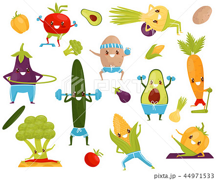 Funny vegetables doing sports, sportive avocado, corncob, eggplant, broccoli, cucumber, carrot 44971533