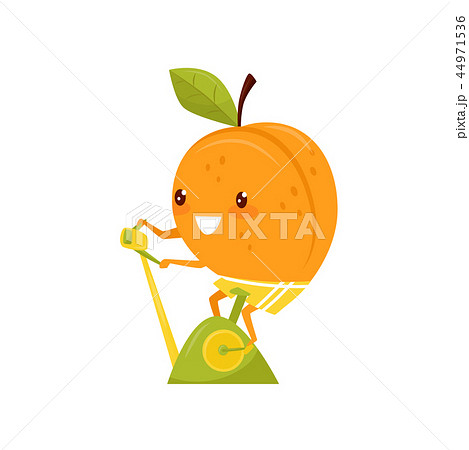 Funny peach training on an exercise bike, sportive fruit cartoon character doing fitness exercise Funny peach training on an exercise bike, sportive fruit cartoon character doing fitness exercise 44971536