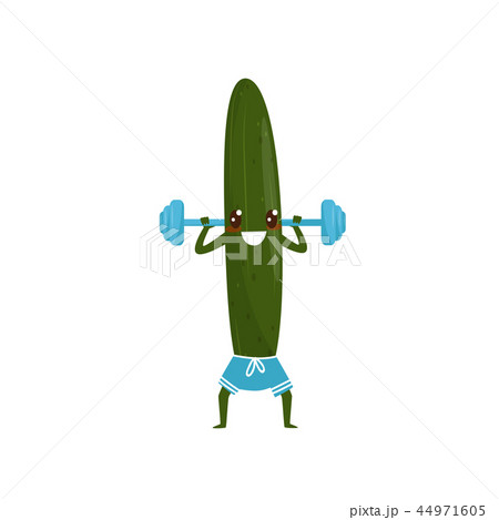 Funny cucumber exercising with barbell, sportive vegetable cartoon character doing fitness exercise 44971605