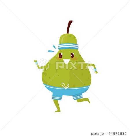 Funny green pear running, sportive fruit cartoon character doing fitness exercise vector 44971652